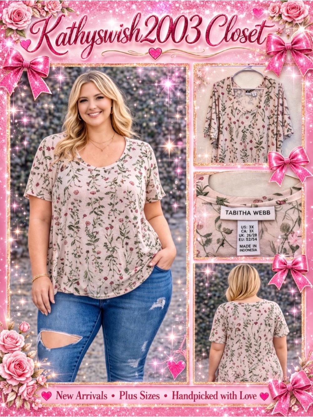 Tabitha Webb Cream Floral Short Sleeve Women’s Plus Size Top 3X